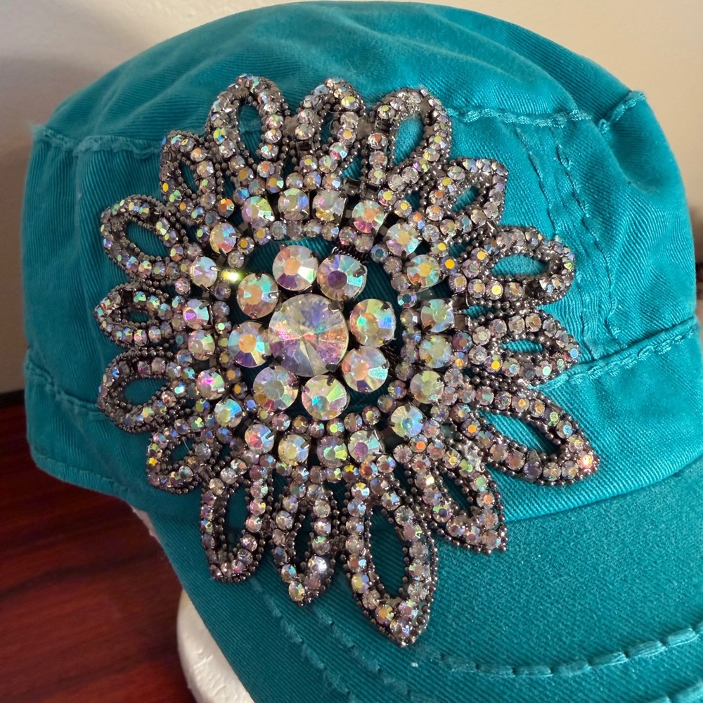 Olive & Pique Teal Blue Cadet Hat Rhinestone Flower Embellished Military Cap